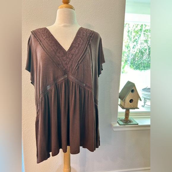 Torrid Brown Lace Trim V-Neck baby doll Top 5X - Picture 4 of 11